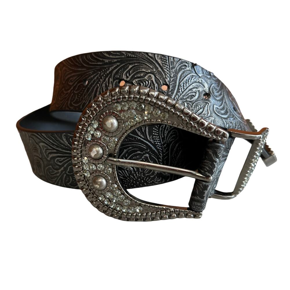 Chicos black and silver tooled faux leather belt with rhinestone detail